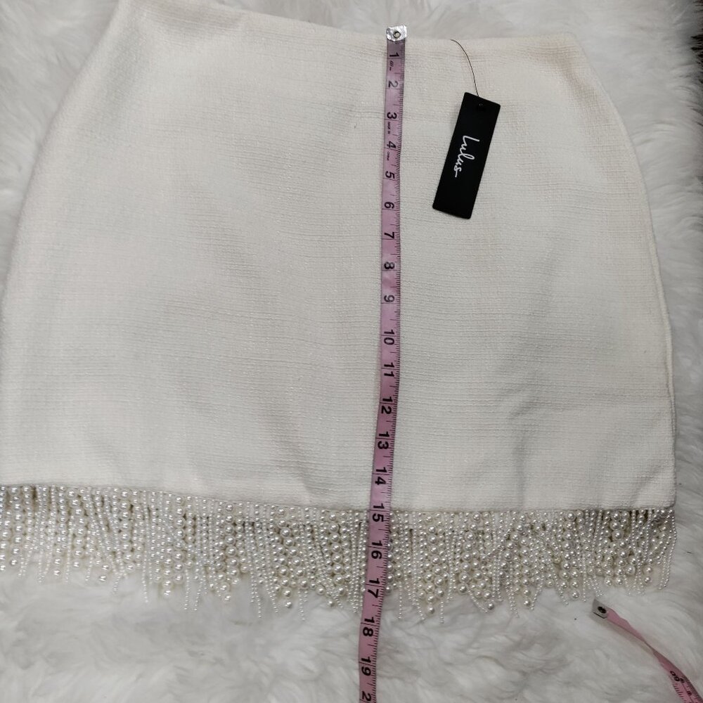 Lulus Boho Sweetly Elite Ivory Tweed Pearl Fringe High-Rise Mini Skirt M, NWT - Picture 9 of 11